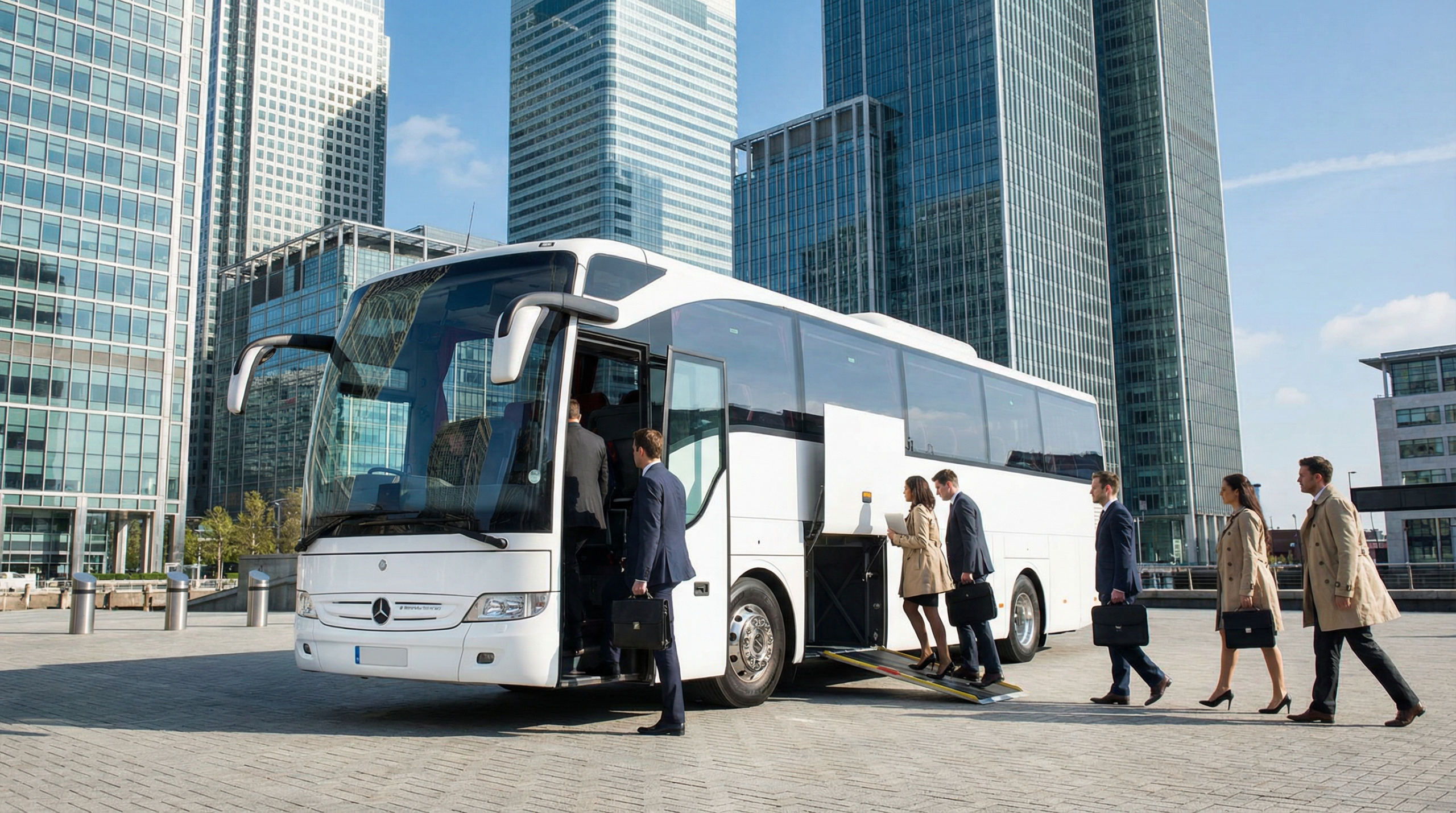 Corporate executive bus and coach hire London at Canary Wharf