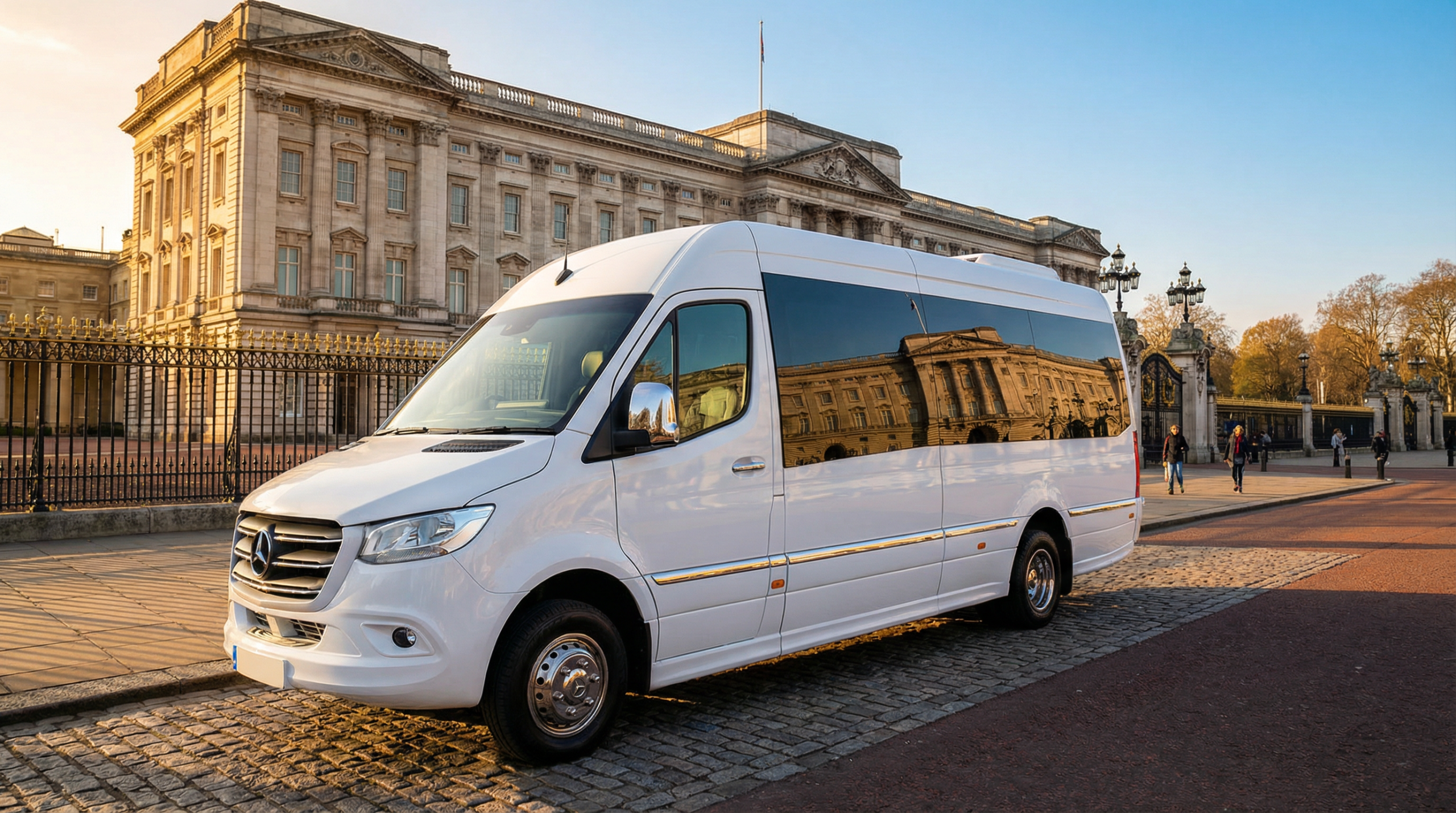 London minibus hire with driver Mercedes Sprinter at Buckingham Palace