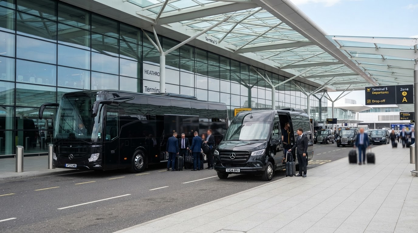 Heathrow terminal group transfers by executive coach and luxury minibus